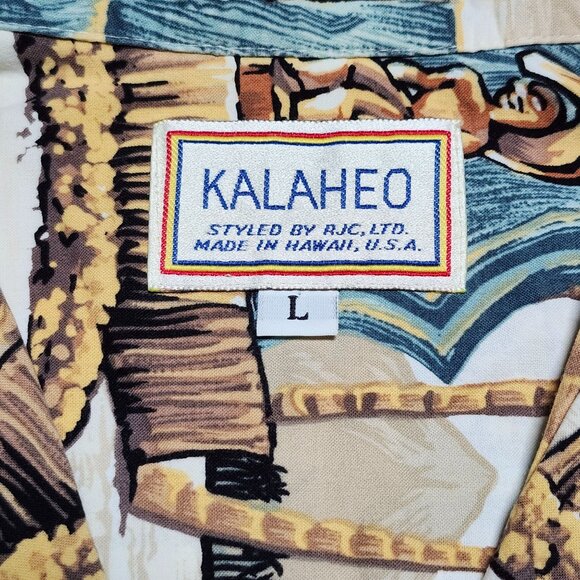 Kalaheo RJC Hawaiian Aloha Shirt Tiki Gods Button Up Large Tan Beige - Picture 4 of 6
